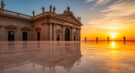 A majestic classical-style building with rooftop statues and an ornate entrance reflecting in a polished foreground under a vibrant sunset sky with distant silhouetted figures