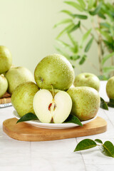 Fresh Green Shandong Apples on Wooden Board - Sweet and Sour Fruit Display