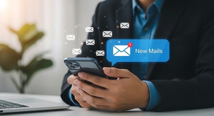 Person in business attire using smartphone with new email notification, symbolizing digital correspondence and online messaging