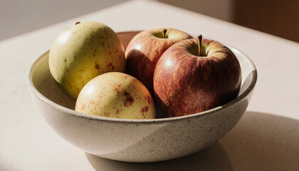 Fresh red and yellow apples in a speckled ceramic bowl. Healthy fruit still life with natural sunlight. Organic food and healthy eating concept.
