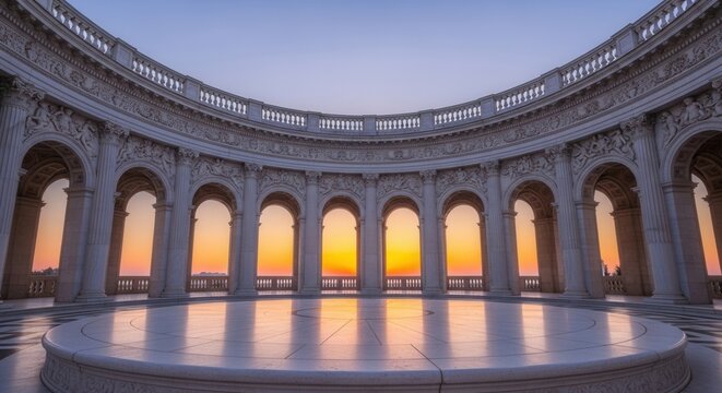 A majestic semicircular white stone edifice with ornate carvings and arched openings framing a vibrant sunset sky reflecting on the polished circular floor