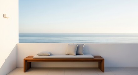 A minimalist balcony with a wooden bench and pillows overlooks a calm ocean under a clear sky featuring white walls and a light-colored floor