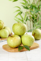 Fresh Green Apples on Wooden Board - Healthy Organic Fruit Display