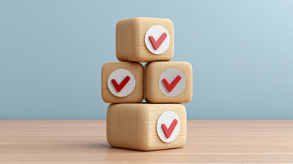 A stack of wooden blocks with check marks, symbolizing completion and success, set against a light blue background.