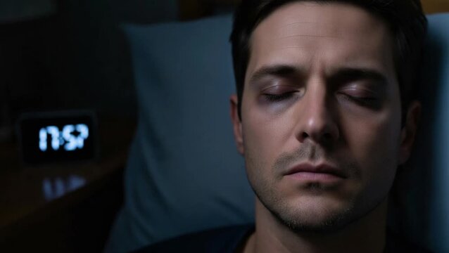 Man sleeping peacefully in bed at night with an alarm clock nearby