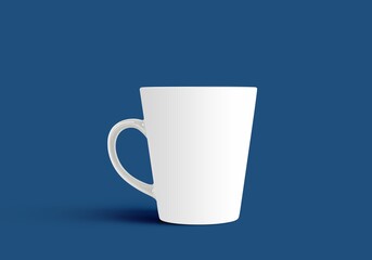 Mockup featuring white ceramic mug displayed on simple plain dark blue background, ideal for showcasing branding designs