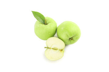Fresh Green Apples with Leaf and Slice Isolated on White Background