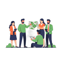 A team collaborates, reviewing a city map for a project, brainstorming ideas and strategies.