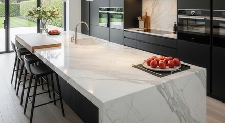 A modern kitchen showcases a white marble island with a sink black bar stools red fruits integrated appliances and a garden view through glass doors