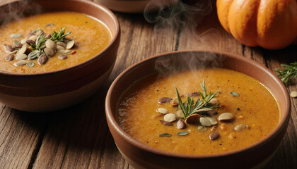 Steaming hot pumpkin soup in rustic bowls on a wooden table. Healthy homemade autumn comfort food. Seasonal vegetarian meal concept.