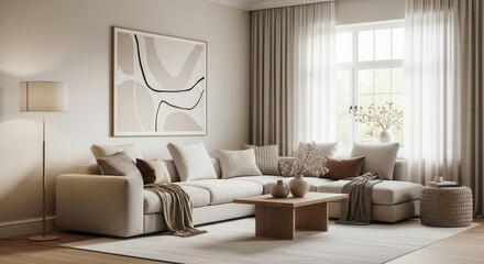 A modern living room featuring a neutral sectional sofa throw pillows a wooden coffee table a floor lamp abstract wall art and sheer window curtains