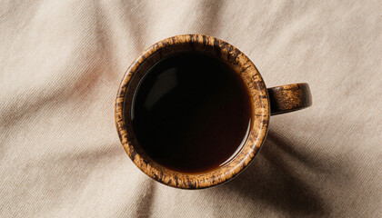 A rustic ceramic mug of black coffee from above. Flat lay composition on a simple fabric background. Morning routine and caffeine concept.