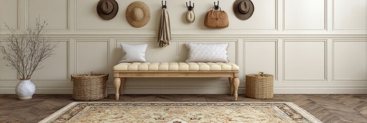 A cozy entryway with a light, neutral color scheme