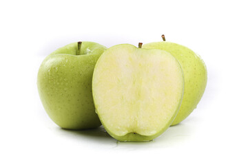 Fresh Green Apples with Sliced Half on White Background - Healthy Fruit Nutrition Concept