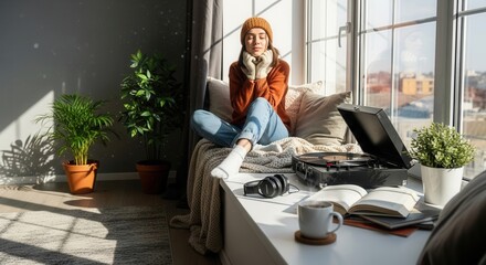 A person in a knit hat and mittens sits on a sunlit window sill beside a record player headphones books and coffee mug with potted plants nearby