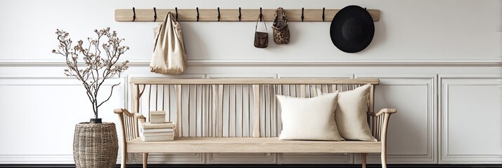 Light-filled entryway with a wooden bench and decorative accents