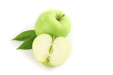 Fresh Green Apple from Shaanxi China - Whole and Half Slice with Leaves on White Background