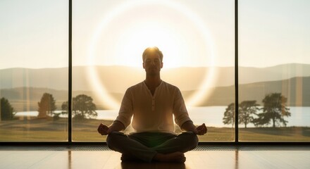 A person meditates indoors framed by a large window overlooking a calm lake mountains and trees at sunset with a light halo