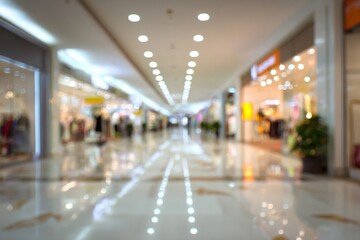 Abstract blur shopping mall corridor. Blurred retail and hall interior in department store. Defocused bokeh effect background or backdrop for business concept. High quality