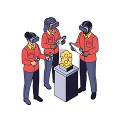 A diverse team uses VR headsets and handheld devices to collaboratively examine a 3D model of a golden object.
