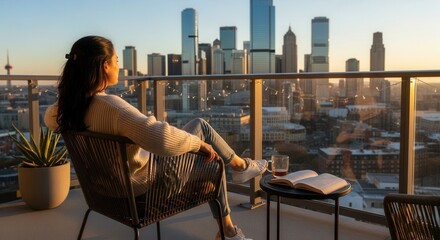 A person sits in a chair on a balcony observing a city skyline bathed in golden light A book mug and plant are nearby