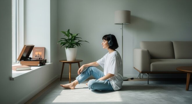 A person sits on a rug with eyes closed wearing headphones beside a window with a record player and plant in a sunlit room - Powered by Adobe