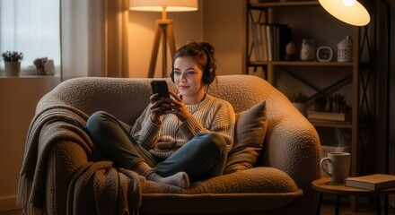 A person wearing headphones sits on a textured couch looking at a smartphone in a warmly lit room with a book and steaming mug nearby