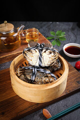 Fresh Yangcheng Lake Hairy Crabs in Bamboo Steamer with Tea - Traditional Chinese Seafood Display