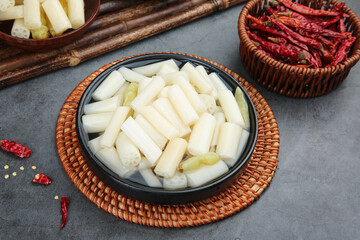 Pickled Lotus Root with Sharp Sour Flavor and Chili Peppers Asian Vegetable Appetizer