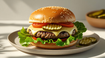 A classic cheeseburger featuring a thick, juicy beef patty topped with melted American cheese, crisp lettuce, ripe tomato, thinly sliced onion, sour pickles, dollops of ketchup and mustard