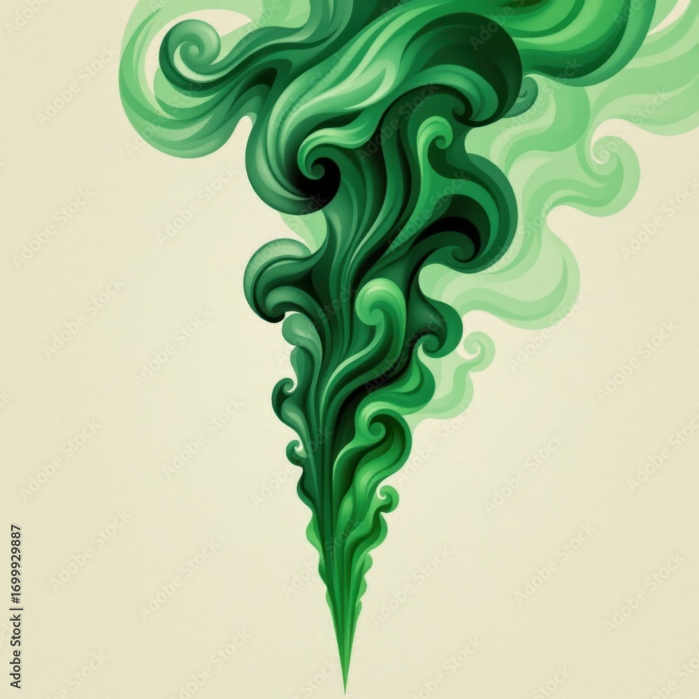 Poster abstract green swirling smoke rising in a dynamic spiral pattern with vibrant shades and intricate d