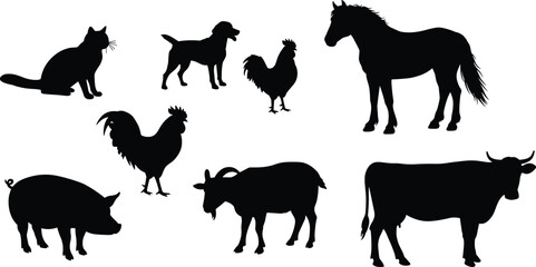 Silhouette of farm animals and pets, cat, dog, pig, goat, cow, horse, sheep, domestic animals vector illustration