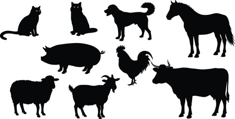 Silhouette of farm animals and pets, cat, dog, pig, goat, cow, horse, sheep, domestic animals vector illustration
