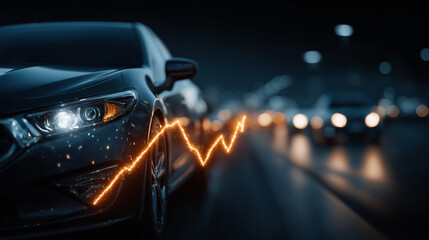 Market Evolution: A sleek car navigates a busy city highway under a starlit sky. Illuminated by a vibrant line graph, reflecting the fluctuating dynamics of the market and transport.