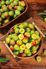 Fresh Organic Plums in Wicker Baskets on Rustic Wood Table - Healthy Summer Fruit Harvest