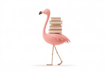 A flamingo balancing books on its long beak, funny classroom moment, 3d animation, isolated on a white background
