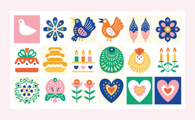 A joyful doodle collage with multiple festive objects including doves, heart-decorated cakes, ribbon-wrapped candles, and swans symbolizing love and eternity