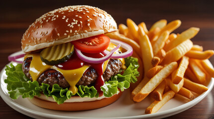 A classic cheeseburger featuring a thick, juicy beef patty topped with melted American cheese, crisp lettuce, ripe tomato, thinly sliced onion, sour pickles, dollops of ketchup and mustard