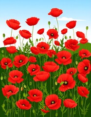 Obraz premium Vivid red poppies flourish in a vibrant green field under a clear sky.
