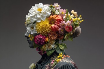 Silhouette portrait of a person with a vibrant floral arrangement replacing their head
