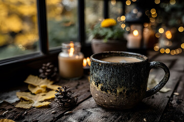 Cozy Autumn Scene with Coffee Mug, Candles, and Pinecones by a Window
