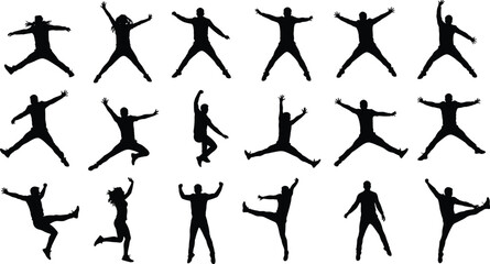 Silhouettes of energetic people jumping in air, various poses expressing joy, freedom, activity, fitness, celebration, happiness, vector illustration