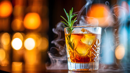 Artisanal old fashioned cocktail with rosemary garnish served at a cozy bar with bokeh lights