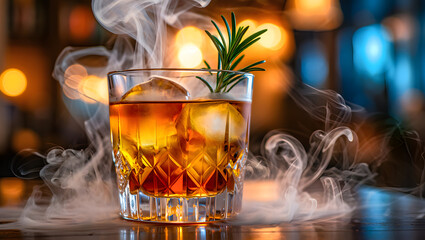 Smoky old fashioned cocktail with ice and rosemary garnish in dimly lit bar with bokeh lights