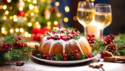 Festive Christmas bundt cake with cranberries and wine