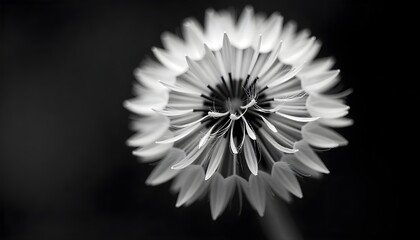 Stunning macro black and white view of a delicate dandelion seed head with intricate details against a dark background