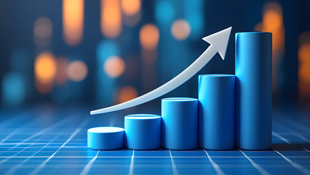 Blue 3d bar graph with upward trending arrow symbolizing financial growth and positive business performance on a city lights background