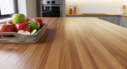 A wooden tray with red and green apples some sliced rests on a glossy wooden kitchen island in a modern interior