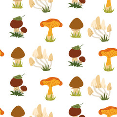 Pattern of various mushrooms. Flat color seamless texture. Red caps, white mushrooms, champignons, chanterelles. In the grass with a worm. Design for packaging. Picnic, hike, walk in the forest