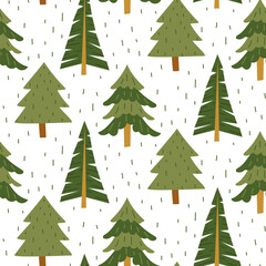 Pattern of various green Christmas trees. Flat color seamless texture. Fluffy, triangular, sharp. Various decorated Christmas trees. Design for packaging. Picnic, camping, walking in the forest